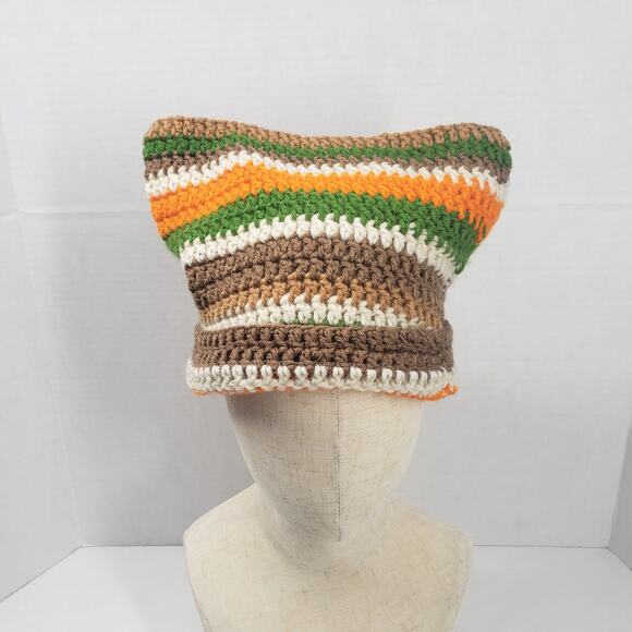 Cat Ear Beanie Crochet Hat Brown Green Stripe Handmade Knit Kitty Soft Winter main image 4